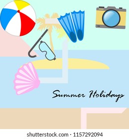 beach holiday, beach ball, camera, flippers, mask diving