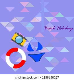beach holiday, camera, swimsuit, lifebuoy