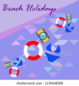 beach holiday, camera, swimsuit, lifebuoy