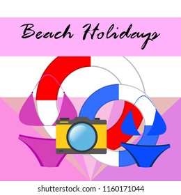 beach holiday, camera, swimsuit, lifebuoy