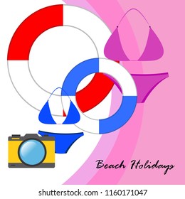 beach holiday, camera, swimsuit, lifebuoy