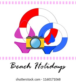 beach holiday, camera, swimsuit, lifebuoy