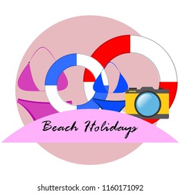 beach holiday, camera, swimsuit, lifebuoy
