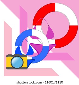 beach holiday, camera, swimsuit, lifebuoy beach holiday, camera, swimsuit, lifebuoy