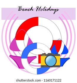 beach holiday, camera, swimsuit, lifebuoy
