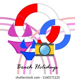 beach holiday, camera, swimsuit, lifebuoy