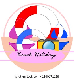 beach holiday, camera, swimsuit, lifebuoy