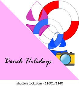 beach holiday, camera, swimsuit, lifebuoy