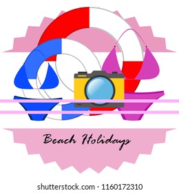 beach holiday, camera, swimsuit, lifebuoy