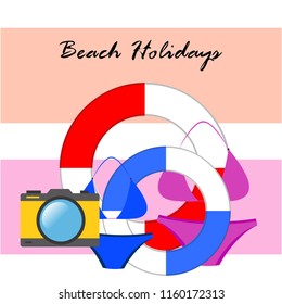 beach holiday, camera, swimsuit, lifebuoy