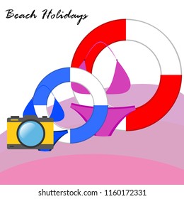 beach holiday, camera, swimsuit, lifebuoy
