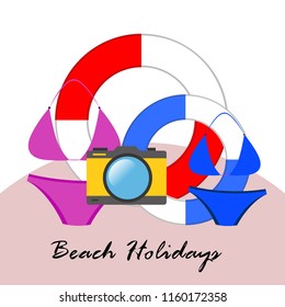 beach holiday, camera, swimsuit, lifebuoy