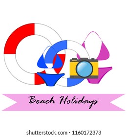 beach holiday, camera, swimsuit, lifebuoy