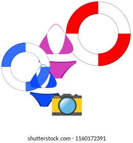 beach holiday, camera, swimsuit, lifebuoy