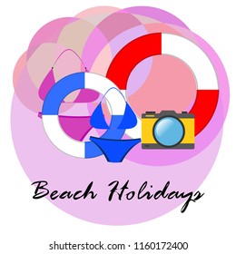 beach holiday, camera, swimsuit, lifebuoy