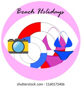 beach holiday, camera, swimsuit, lifebuoy