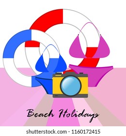 beach holiday, camera, swimsuit, lifebuoy