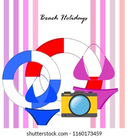 beach holiday, camera, swimsuit, lifebuoy