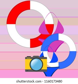 beach holiday, camera, swimsuit, lifebuoy