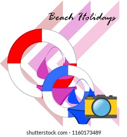 beach holiday, camera, swimsuit, lifebuoy