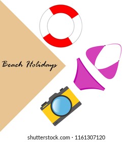 beach holiday, camera, swimsuit, lifebuoy