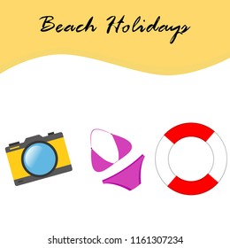 beach holiday, camera, swimsuit, lifebuoy