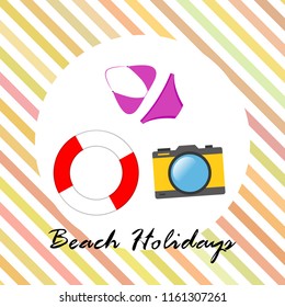 beach holiday, camera, swimsuit, lifebuoy