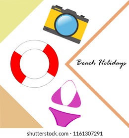 beach holiday, camera, swimsuit, lifebuoy