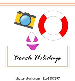 beach holiday, camera, swimsuit, lifebuoy