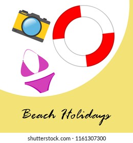 beach holiday, camera, swimsuit, lifebuoy