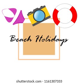 beach holiday, camera, swimsuit, lifebuoy
