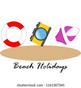 beach holiday, camera, swimsuit, lifebuoy