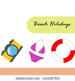 beach holiday, camera, swimsuit, lifebuoy