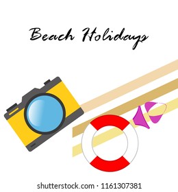 beach holiday, camera, swimsuit, lifebuoy