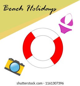 beach holiday, camera, swimsuit, lifebuoy