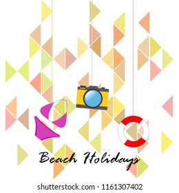 beach holiday, camera, swimsuit, lifebuoy