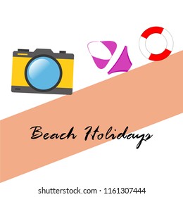 beach holiday, camera, swimsuit, lifebuoy