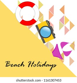 beach holiday, camera, swimsuit, lifebuoy