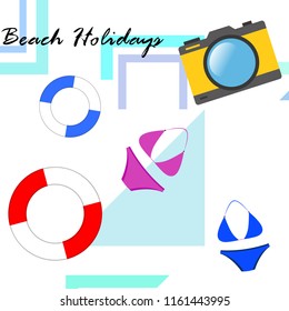 beach holiday, camera, swimsuit, lifebuoy