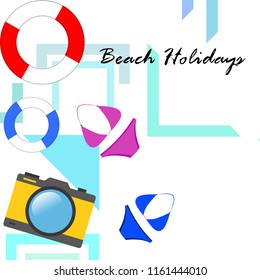 beach holiday, camera, swimsuit, lifebuoy
