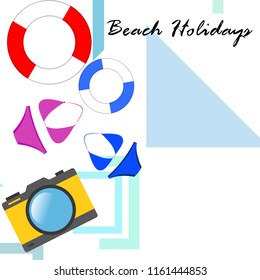 beach holiday, camera, swimsuit, lifebuoy