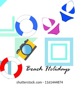 beach holiday, camera, swimsuit, lifebuoy