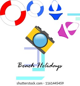 beach holiday, camera, swimsuit, lifebuoy