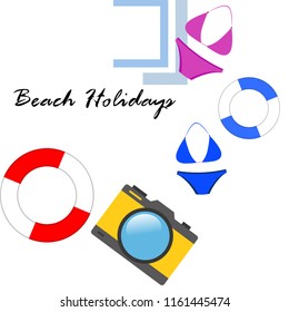 beach holiday, camera, swimsuit, lifebuoy