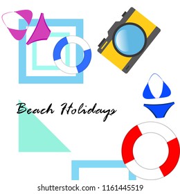 beach holiday, camera, swimsuit, lifebuoy