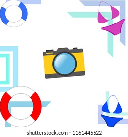 beach holiday, camera, swimsuit, lifebuoy
