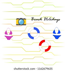 beach holiday, camera, swimsuit, lifebuoy