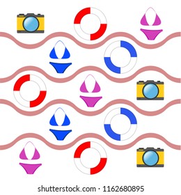 beach holiday, camera, swimsuit, lifebuoy