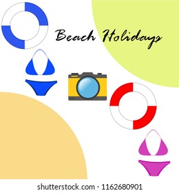 beach holiday, camera, swimsuit, lifebuoy