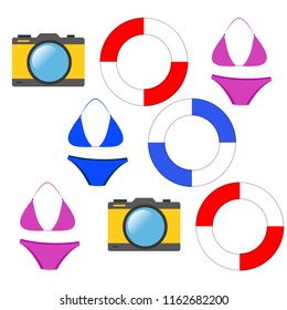 beach holiday, camera, swimsuit, lifebuoy